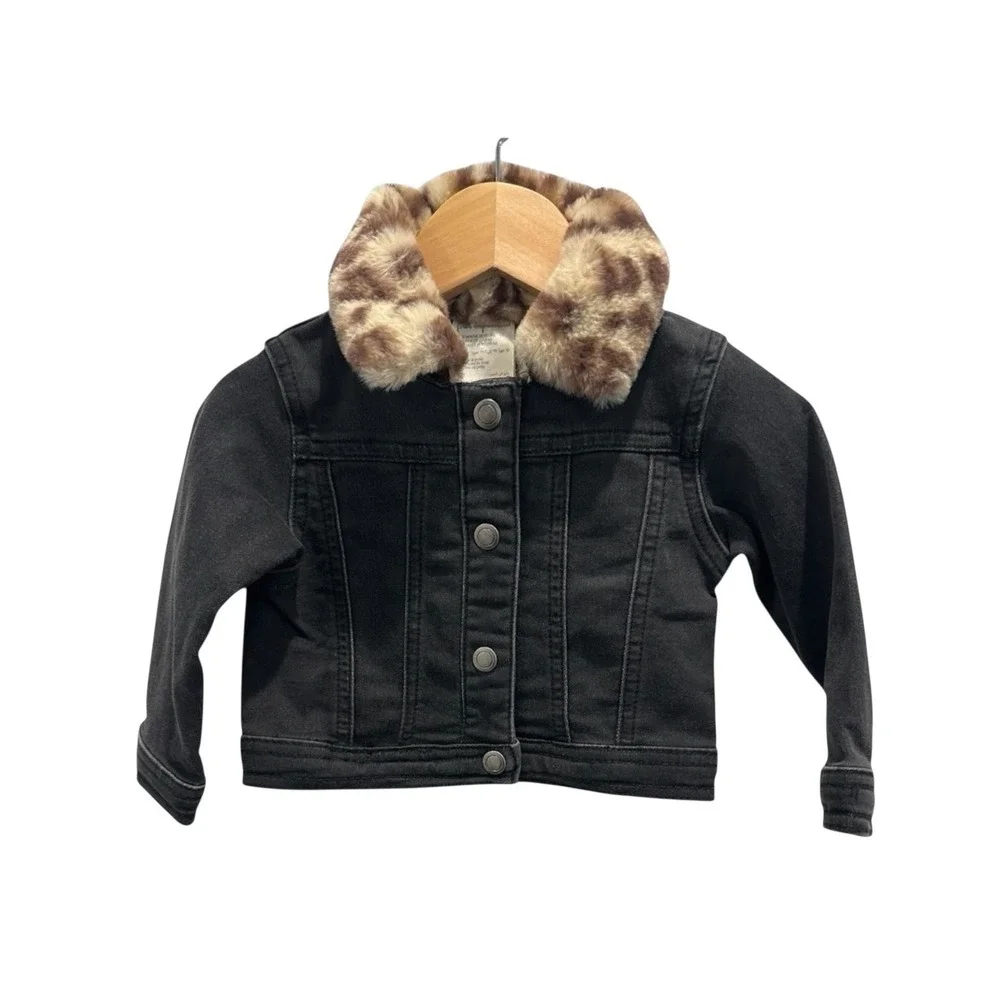 First Impressions Black Denim Jacket with Faux Fur Collar 12M‎